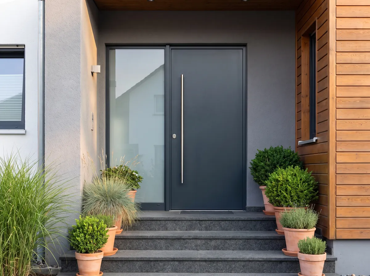 Moderne anthrazitfarbene Haustür mit Glas-Seitenteil
