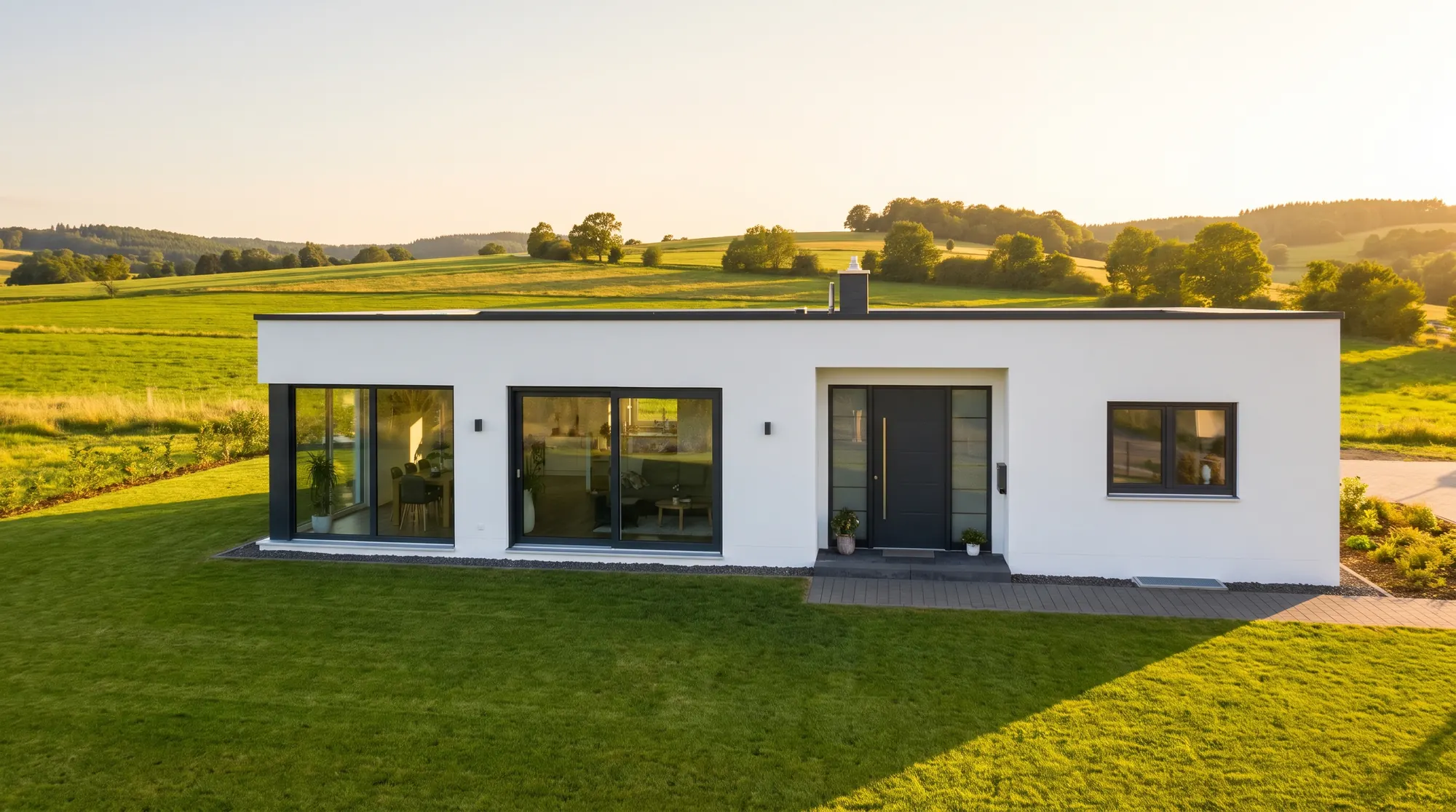 Modernes weißes Haus mit anthrazitfarbenen Fenstern in hügeliger Landschaft bei Abendsonne