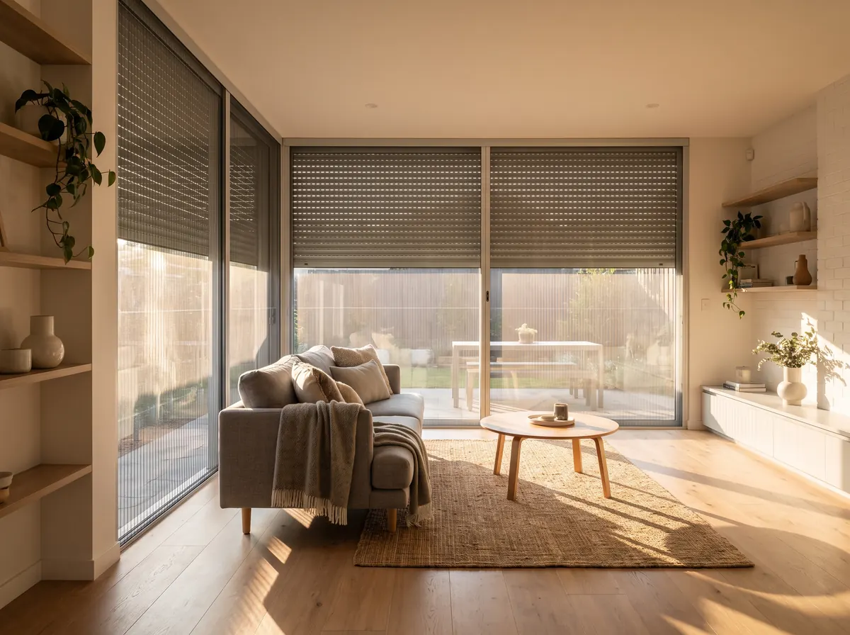 Wohnzimmer mit halb geschlossenen Rollläden